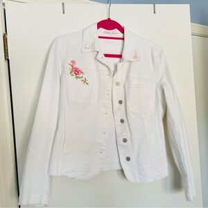 White jean jacket with sequined embroidery front & back. Sz Med. Like new